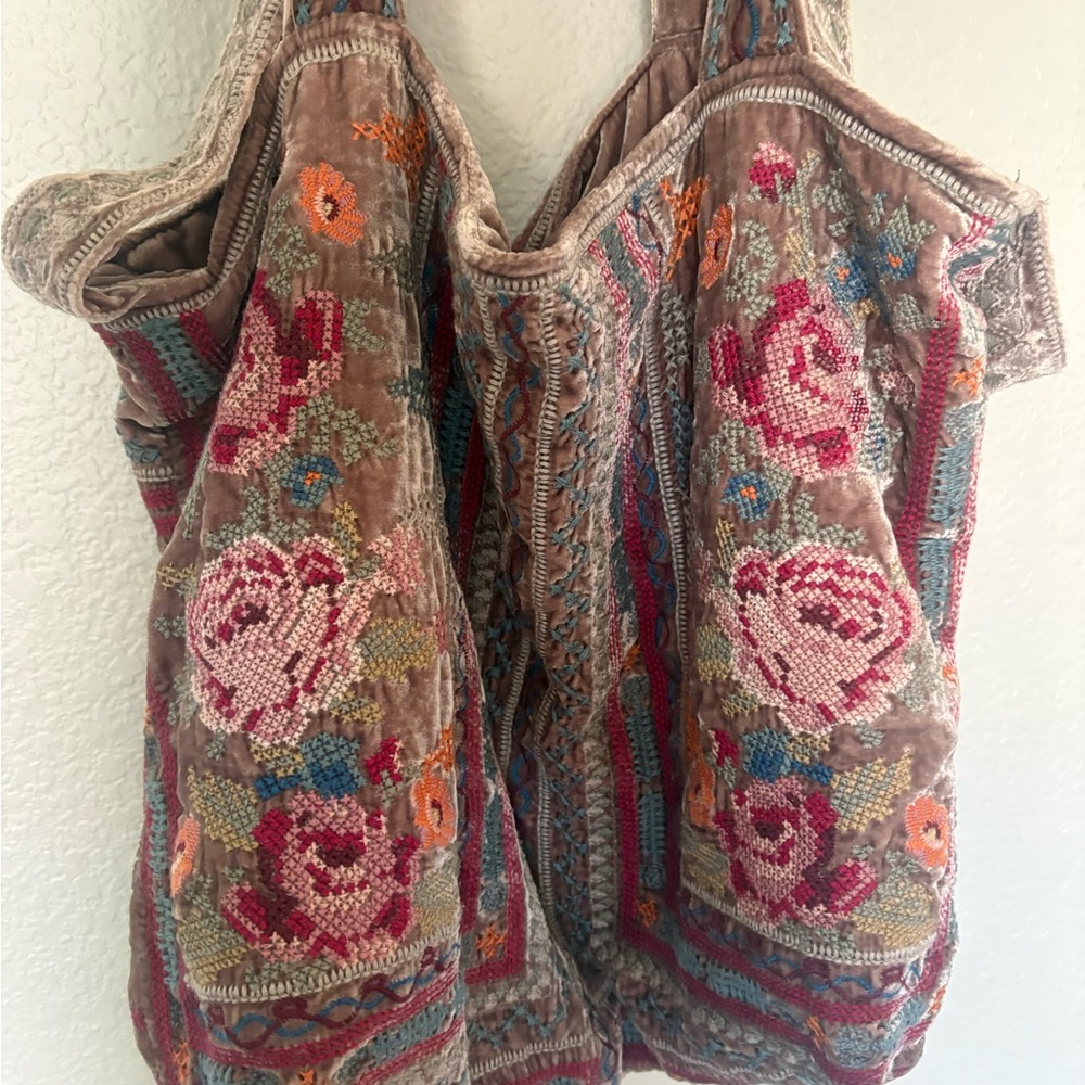 Johnny Was Pink Floral Embroidered Velvet Tote